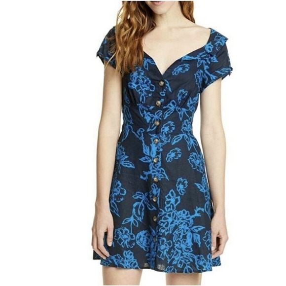 Free People Dresses & Skirts - Free People A Thing Called Love Navy Linen Blend Retro Mini Dress Sz 4